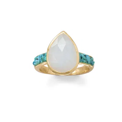 Fashnzfab 14 Karat Gold Plated Rainbow Moonstone And Crushed Turquoise Ring In Green
