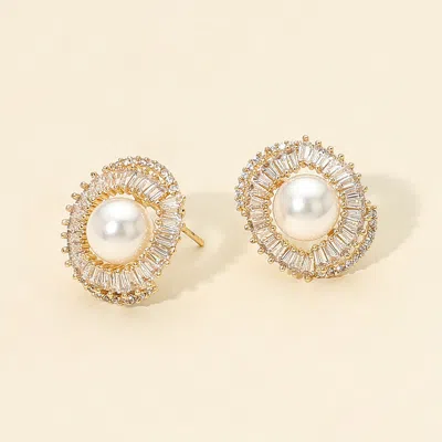 Fashnzfab 14k Gold Dipped Brilliant Cz Halo Pearl Stud Earrings - Gold