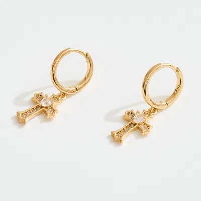 Fashnzfab 14k Gold Dipped Center Cz Stone Pave Cross Charm Drop Mini Huggie Hoop Earrings