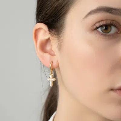 Fashnzfab 14k Gold Dipped Center Pearl Cross Charm Drop Mini Huggie Hoop Earrings