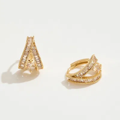 Fashnzfab 14k Gold Dipped Cz Baguette Stone Double Row Huggie Hoop Earrings - Gold