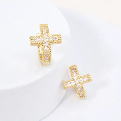 Fashnzfab 14k Gold Dipped Cz Cross Mini Huggie Hoop Earrings In Silver