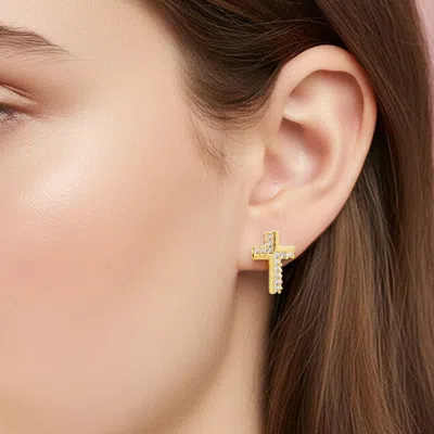 Fashnzfab 14k Gold Dipped Cz Cross Stud Earrings In Silver