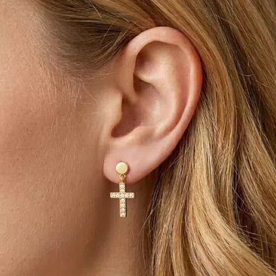 Fashnzfab 14k Gold Dipped Cz Pave Cross Charm Drop Dangle Earrings In Silver