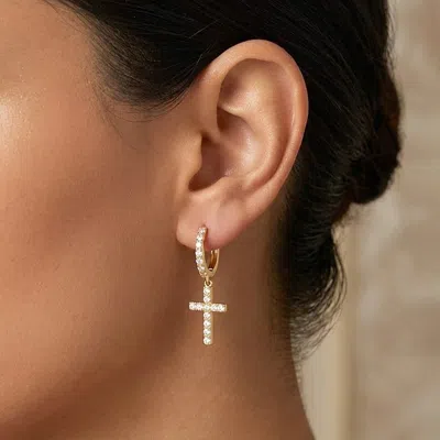 Fashnzfab 14k Gold Dipped Cz Pave Cross Charm Drop Dangle Mini Huggie Hoop Earrings In Silver