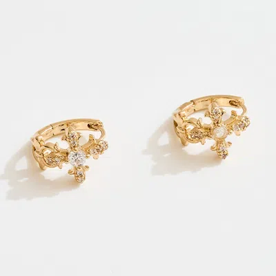 Fashnzfab 14k Gold Dipped Cz Pave Ornate Cross Accent Mini Huggie Hoop Earrings In Silver