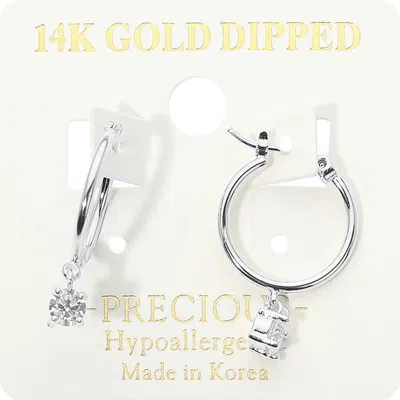 Fashnzfab 14k Gold Dipped Cz Solitaire Charm Drop Pin Catch Hoop Earrings In Multi