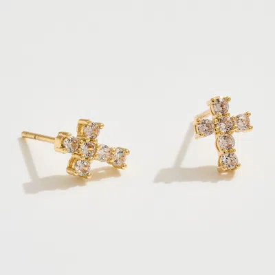 Fashnzfab 14k Gold Dipped Cz Stone Cross Mini Stud Earrings - Gold