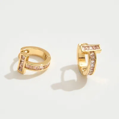 Fashnzfab 14k Gold Dipped Cz Stone Inlay T-bar Mini Huggie Hoop Earrings - Gold