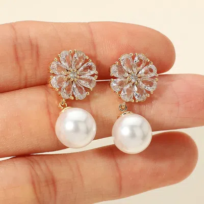 Fashnzfab 14k Gold Dipped Cz Stone Paved Flower Pearl Dangle Earrings