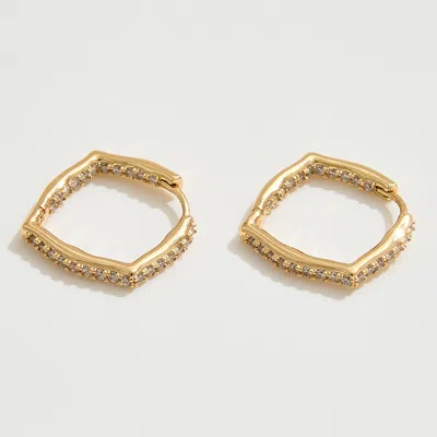 Fashnzfab 14k Gold Dipped Cz Stone Paved Geometric Huggie Hoop Earrings - Gold