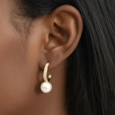 Fashnzfab 14k Gold Dipped Cz Stone Paved Glamourous Link Pearl Earrings