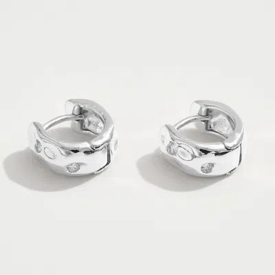 Fashnzfab 14k Gold Dipped Cz Stone Paved Hammered Mini Huggie Hoop Earrings - Silver