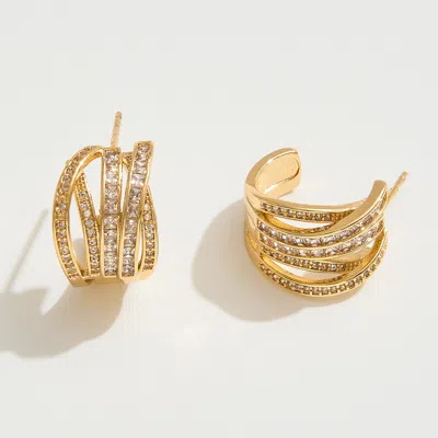 Fashnzfab 14k Gold Dipped Cz Stone Paved Layered Chunky Hoop Earrings - Gold