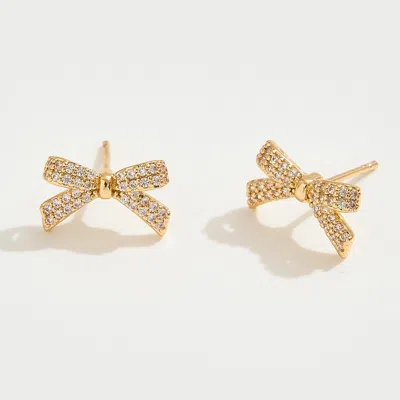 Fashnzfab 14k Gold Dipped Cz Stone Paved Mini Bow Stud Earrings - Gold