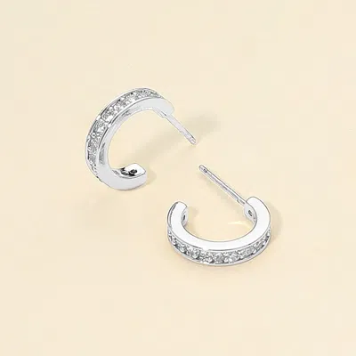 Fashnzfab 14k Gold Dipped Cz Stone Paved Mini Open Hoop Earrings In White