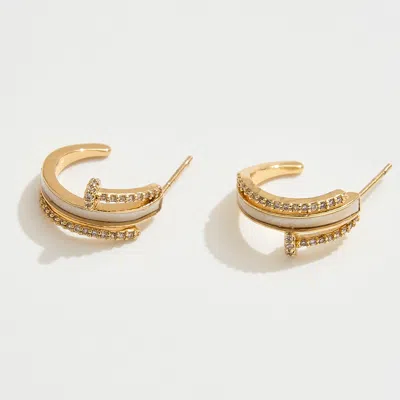 Fashnzfab 14k Gold Dipped Cz Stone Paved Nail Head Mother Of Pearl Inlay Mini Hoop Earrings - Gold