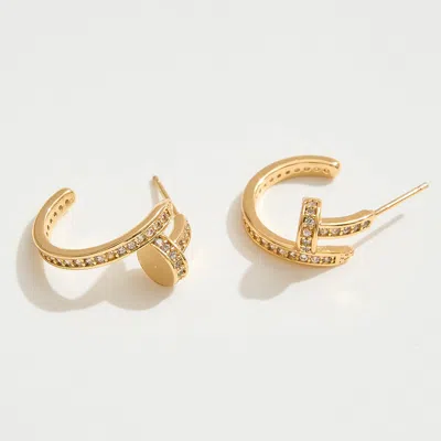 Fashnzfab 14k Gold Dipped Cz Stone Paved Nail Mini Hoop Earrings - Gold