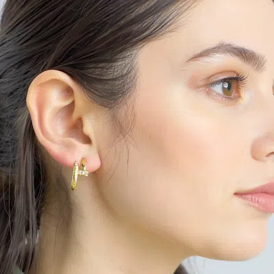 Fashnzfab 14k Gold Dipped Cz Stone Paved Nail Mini Hoop Earrings - Gold In Metallic