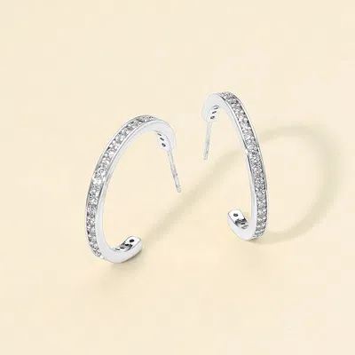 Fashnzfab 14k Gold Dipped Cz Stone Paved Open Hoop Earrings - Silver