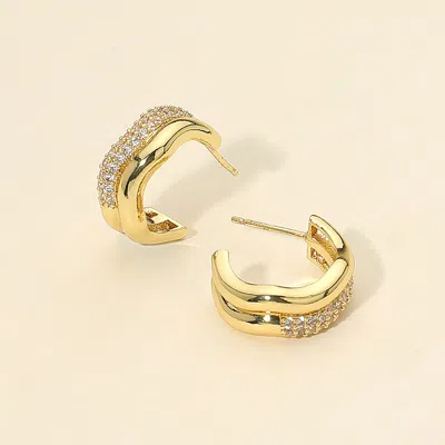 Fashnzfab 14k Gold Dipped Cz Stone Paved Wavy Mini Huggie Hoop Earrings