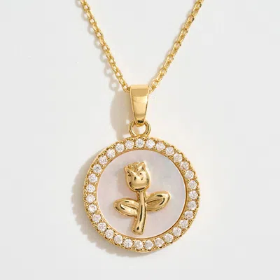 Fashnzfab 14k Gold Dipped Cz Stone Rim Flower Embossed Mother Of Pearl Medallion Pendant Necklace