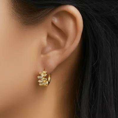 Fashnzfab 14k Gold Dipped Disorganized Baguette Cz Stone Cluster Mini Huggie Hoop Earrings In Silver