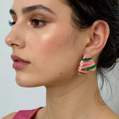 Fashnzfab 14k Gold Dipped Enamel Abstract Pattern Triangle Earrings - Gold, Pink & Green