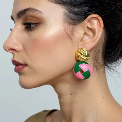 Fashnzfab 14k Gold Dipped Enamel Geometric Pattern Round Drop Earrings - Gold, Pink & Green