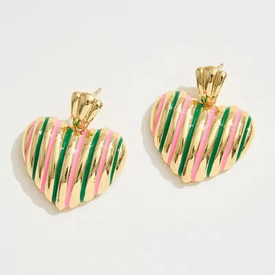 Fashnzfab 14k Gold Dipped Enamel Striped Heart Dangle Earrings - Gold, Pink & Green