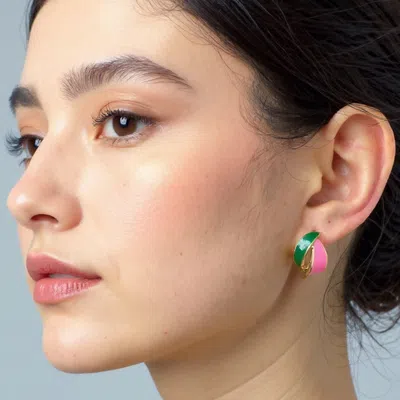 Fashnzfab 14k Gold Dipped Enamel Wave Stud Earrings - Gold, Pink & Green In Multi