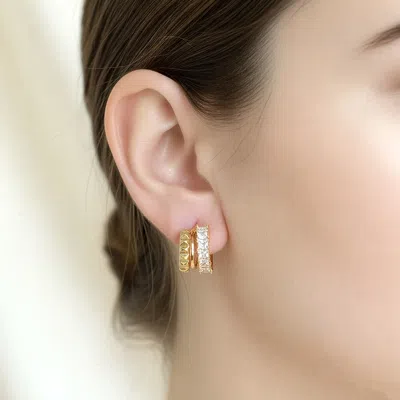 Fashnzfab 14k Gold Dipped Geometric Clam Cz Hoop Earrings In Silver