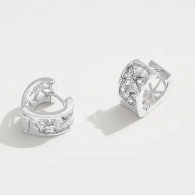 Fashnzfab 14k Gold Dipped Heart Shape Cz Stone Inlay Mini Huggie Hoop Earrings - Silver In Metallic