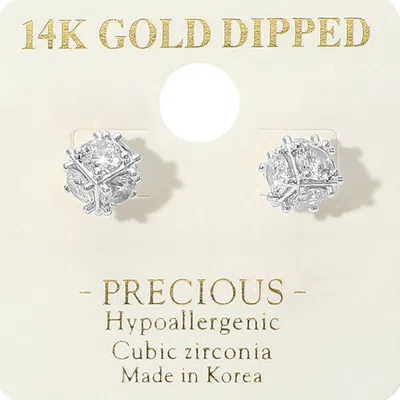 Fashnzfab 14k Gold Dipped Hypoallergenic Cz Stone Embellished Mini Cube Stud Earrings - Rhodium In Silver