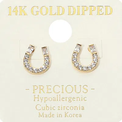 Fashnzfab 14k Gold Dipped Hypoallergenic Cz Stone Paved Horseshoe Stud Earrings - Gold
