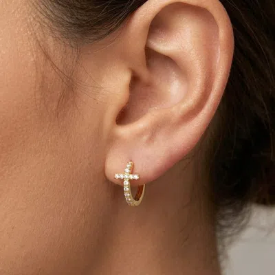 Fashnzfab 14k Gold Dipped Micro Cz Pave Cross Mini Huggie Hoop Earrings