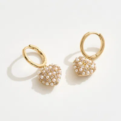 Fashnzfab 14k Gold Dipped Mini Cz Pearl Pave Heart Charm Drop Huggie Hoop Earrings