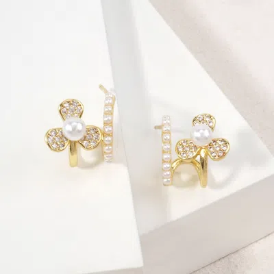 Fashnzfab 14k Gold Dipped Pearl Accent Flower Half Hoop Earrings In Multi