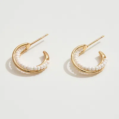 Fashnzfab 14k Gold Dipped Pearl Beads Small Hoop Earrings - Gold