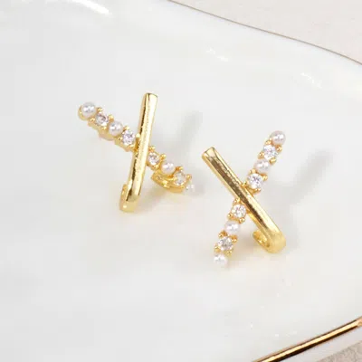 Fashnzfab 14k Gold Dipped Pearl Cz Cross Bar Stud Earrings In Silver