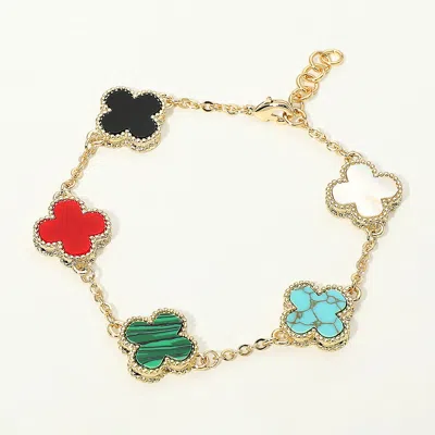 Fashnzfab 14k Gold Dipped Quatrefoil Charm Link Bracelet In Multi