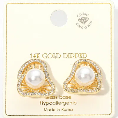 Fashnzfab 14k Gold Dipped Radiant Pearl Burst Cz Stud Earrings