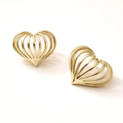 Fashnzfab 14k Gold Dipped Sculpted Heart Cage Stud Earrings