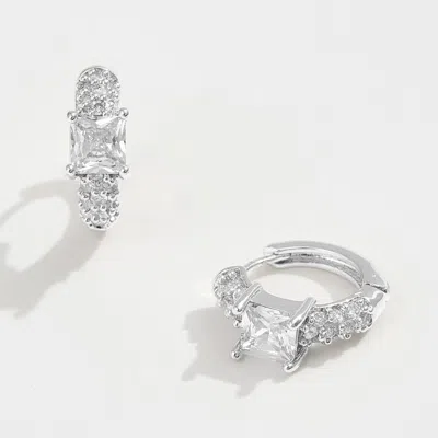 Fashnzfab 14k Gold Dipped Square Cz Center Stone Mini Huggie Hoop Earrings - Silver