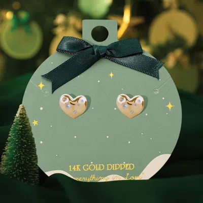 Fashnzfab 14k Gold Dipped Stone Paved Heart Stud Earrings