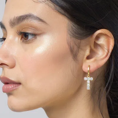 Fashnzfab 14k Gold Dipped T-shaped Cz Stone Cluster Charm Dangle Huggie Hoop Earrings - Gold
