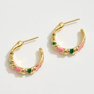 Fashnzfab 14k Gold Dipped Twist Enamel Detail Open Hoop Earrings - Gold, Pink & Green In Multi