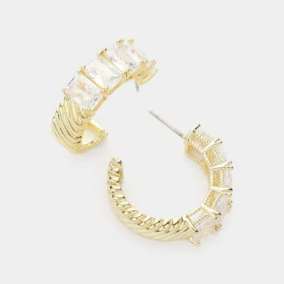 Fashnzfab 14k Gold Plated Baguette Cz Stone Cluster Hoop Evening Earrings In Multi