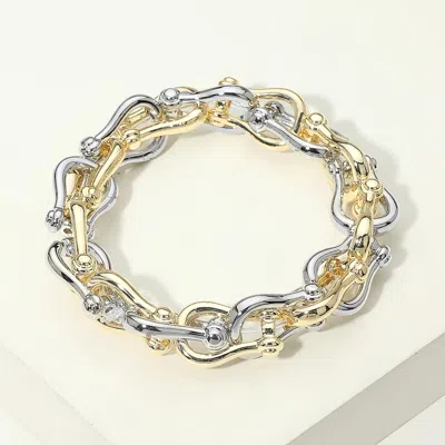 Fashnzfab 14k Gold Plated Bold Sculpted Link Beaded Stretch Bracelet In Purple