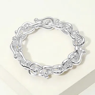 Fashnzfab 14k Gold Plated Bold Sculpted Link Beaded Stretch Bracelet In Silver